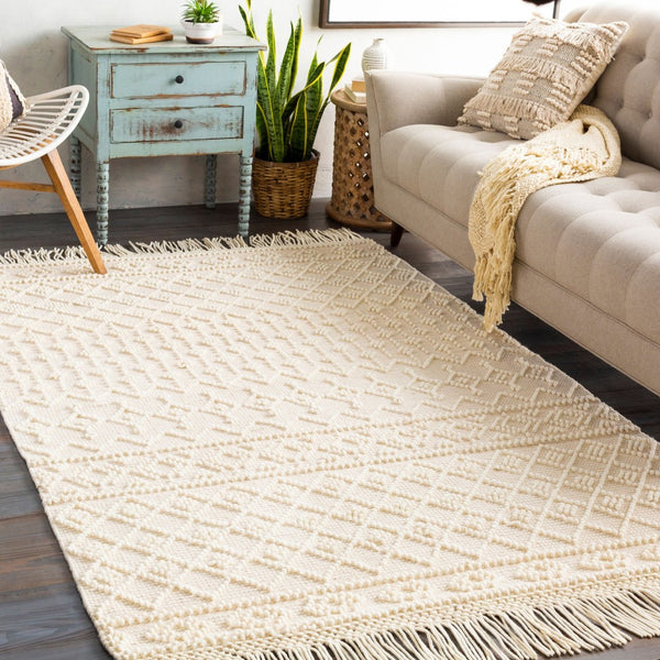 Livabliss Farmhouse Tassels Hand Woven Wool Cotton Runner Rug for Hallways and Entryways White, Beige 5' x 7'6" FTS2305-576