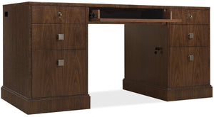 Hooker Furniture Archives Executive Desk In Classic Walnut With Satin Brass, 7-Drawer Storage, Cable Management Elegance 6123-10462-89