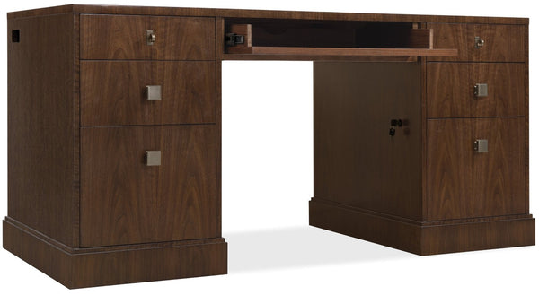 Hooker Furniture Archives Executive Desk In Classic Walnut With Satin Brass, 7-Drawer Storage, Cable Management Elegance 6123-10462-89