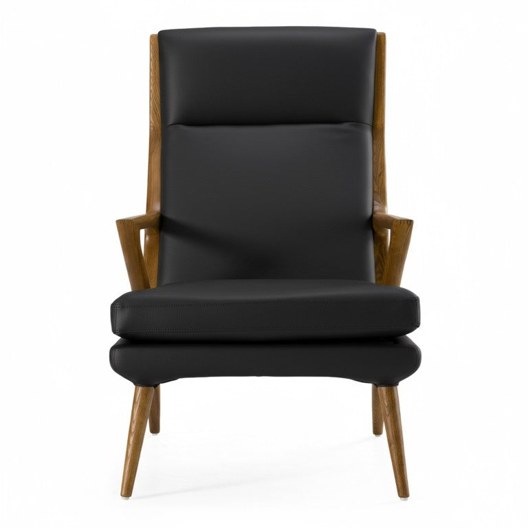 VIG Furniture Fulton Sculptural Black Lounge Chair & Ottoman Set — Mid-Century Walnut Ash Frame, Leatherette Comfort For Reading Nooks VGCSLC-17050