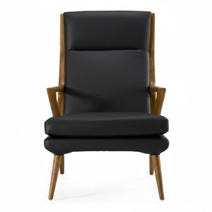 VIG Furniture Fulton Sculptural Black Lounge Chair & Ottoman Set — Mid-Century Walnut Ash Frame, Leatherette Comfort For Reading Nooks VGCSLC-17050