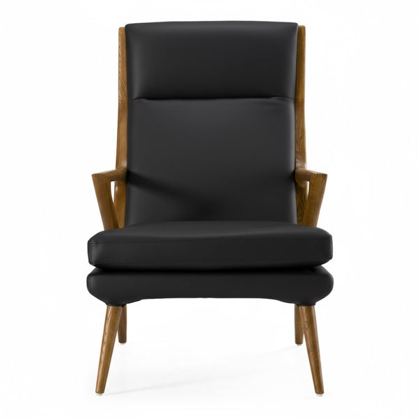 VIG Furniture Fulton Sculptural Black Lounge Chair & Ottoman Set — Mid-Century Walnut Ash Frame, Leatherette Comfort For Reading Nooks VGCSLC-17050