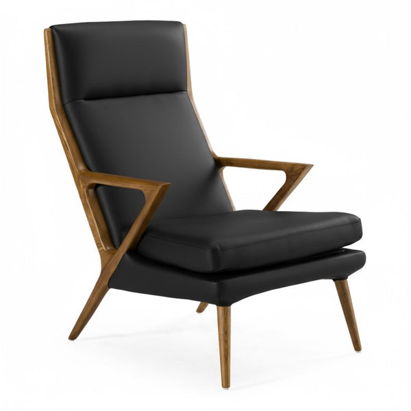 VIG Furniture Fulton Sculptural Black Lounge Chair & Ottoman Set — Mid-Century Walnut Ash Frame, Leatherette Comfort For Reading Nooks VGCSLC-17050