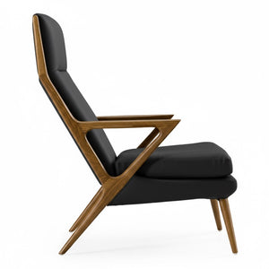 VIG Furniture Fulton Sculptural Black Lounge Chair & Ottoman Set — Mid-Century Walnut Ash Frame, Leatherette Comfort For Reading Nooks VGCSLC-17050
