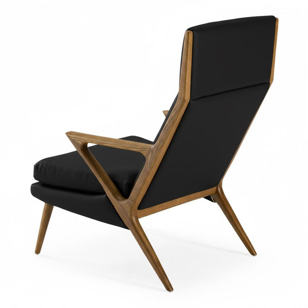 VIG Furniture Fulton Sculptural Black Lounge Chair & Ottoman Set — Mid-Century Walnut Ash Frame, Leatherette Comfort For Reading Nooks VGCSLC-17050