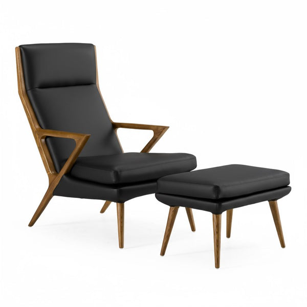 VIG Furniture Fulton Sculptural Black Lounge Chair & Ottoman Set — Mid-Century Walnut Ash Frame, Leatherette Comfort For Reading Nooks VGCSLC-17050
