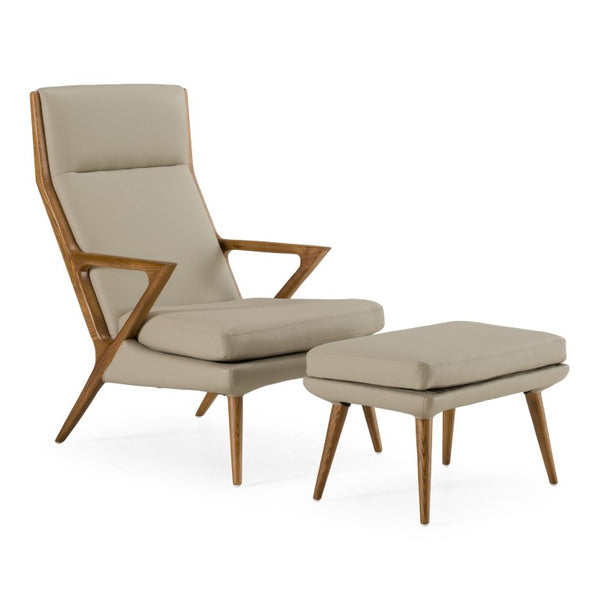 VIG Furniture Fulton Vegan Leather Lounge Chair & Ottoman Set — Modern Beige Sculptural Comfort, Walnut Legs (98) VGCSLC-17050-BG-CH