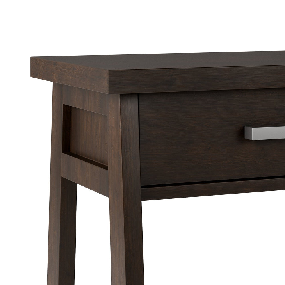 English Elm Sawhorse Handcrafted Bedside Table in Dark Chestnut Brown – Solid Wood, Drawer, Industrial Retro Design B136P159583