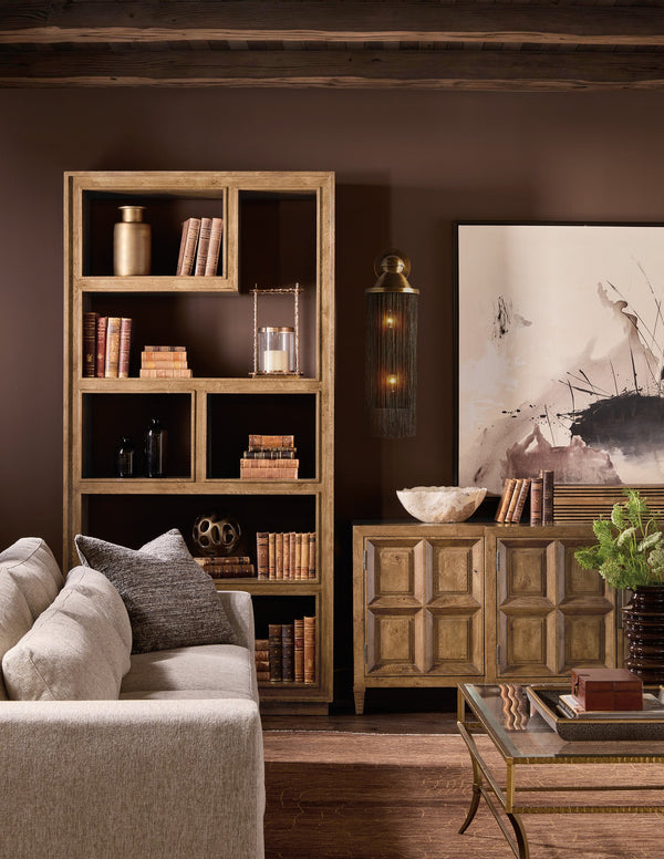 Hooker Furniture Melange Romano Oak and Glass Etagere with Led Lighting for Transitional Living Rooms 16.00L x 45.00W x 90.00H 628-50755-82