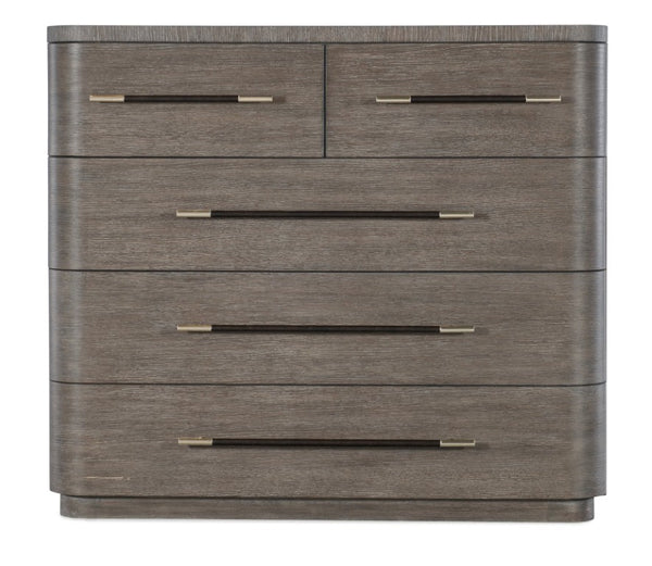 Hooker Furniture Modern Mood Bachelor's Chest With Felt & Cedar Linings, Leather-Wrapped Pulls, Rounded Contemporary Silhouette Medium Brown 6850-90017-89