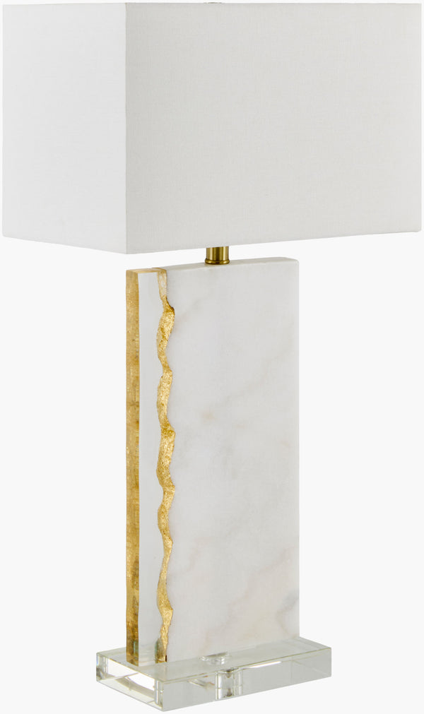 Surya Fivo Accent Table Lamp – 26" Industrial Rustic Charm With Marble Base & Linen Shade For Home Decor Body, White,Base, Clear,Finial, Gold,Cord, Translucent Marble,Resin,Crystal,Linen,Plastic,Iron Fvo-001