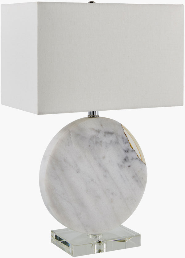 Surya Fivo Accent Table Lamp – 26" Industrial Rustic Charm With Marble Base & Linen Shade For Home Decor Body, White,Base, Clear,Finial, Gold,Cord, Translucent Marble,Resin,Crystal,Linen,Plastic,Iron Fvo-002