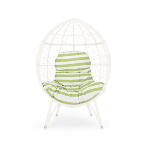 English Elm Christopher Knight Home® - GIANNI Teardrop Wicker Outdoor Chair with Water-Resistant Cushion, Handcrafted Faux Rattan Iron Frame Comfort White+Green 65645.00WGRN
