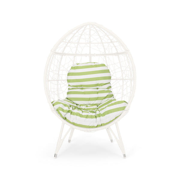 English Elm Christopher Knight Home® - GIANNI Teardrop Wicker Outdoor Chair with Water-Resistant Cushion, Handcrafted Faux Rattan Iron Frame Comfort White+Green 65645.00WGRN