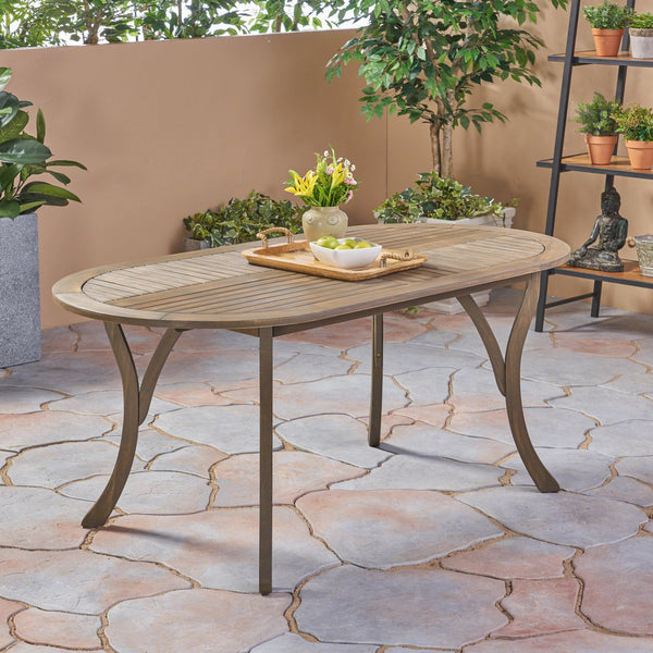 English Elm Acacia Wood Oval Outdoor Dining Table Weathered Gray Slatted Top Seats Six 62917.00GRY