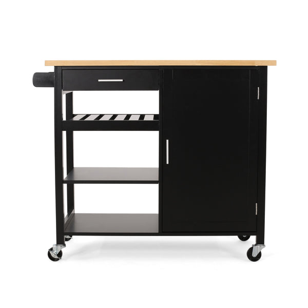 English Elm Christopher Knight Home® - Kitchen Island Cart with Solid Rubberwood Top, 41.75" Mobile Island with Drawer, Cabinet, Shelves & Wheels Black 67756.00NATBLK