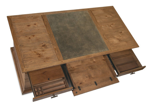 Hooker Furniture Big Sky Executive Desk — Pecky Hickory Rustic Executive Desk With Leather Writing Surface, 7 Drawers, Locks 6700-10562-80