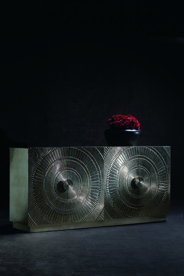 Bernhardt Bernhardt Sculptural Barcelona Credenza In Reclaimed Teak & German Silver Wrap With Embossed Doors (72") 366133