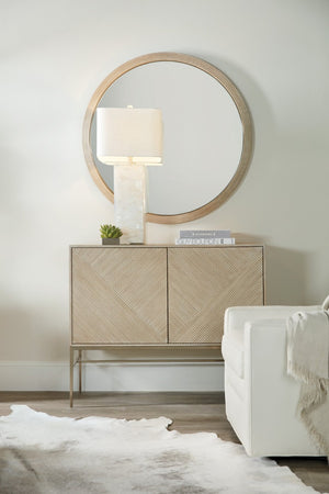 Hooker Furniture Cascade Credenza With Taupe Oak Veneer, Reeded Doors, Champagne Metal Base & Soft-Close Storage 6120-85006-80
