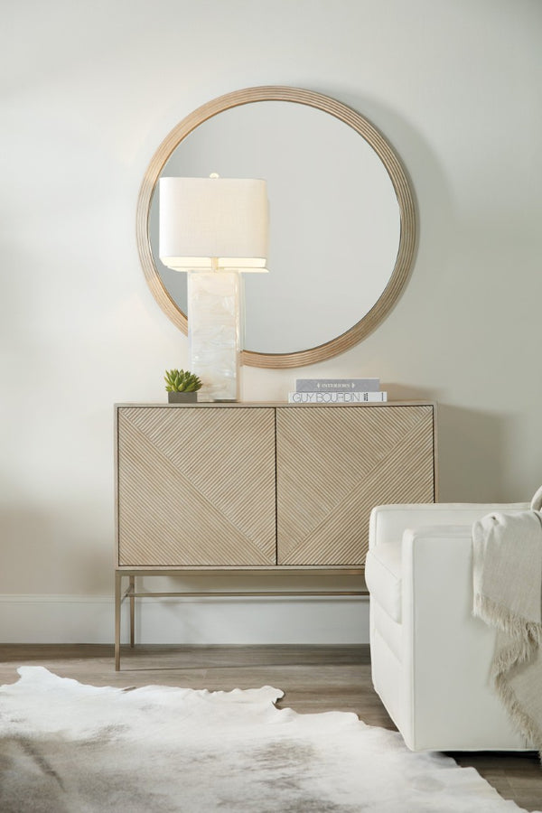 Hooker Furniture Cascade Credenza With Taupe Oak Veneer, Reeded Doors, Champagne Metal Base & Soft-Close Storage 6120-85006-80