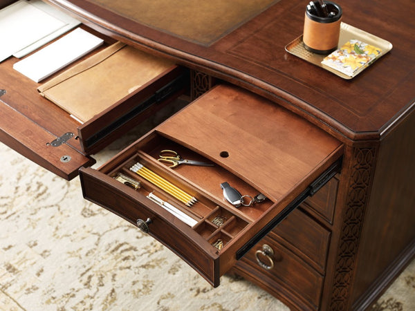 Hooker Furniture Charleston Executive Desk With Leather Writing Surface, Cherry Veneers, Walnut/Maple Inlay, 7-Drawer Storage 6750-10563-85
