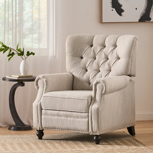 English Elm Christopher Knight Home® - Button Button Tufted Heavy Duty Manual Push-Back Recliner Chair with Nailhead Accents and Comfort Backrest Beige 71976.00