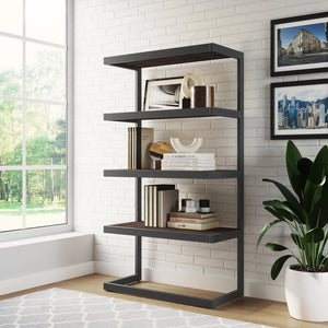 English Elm Erina Solid Acacia Bookcase with Distressed Charcoal Finish, 4 Open Shelves & Industrial Metal Frame Dark Brown B136P158620