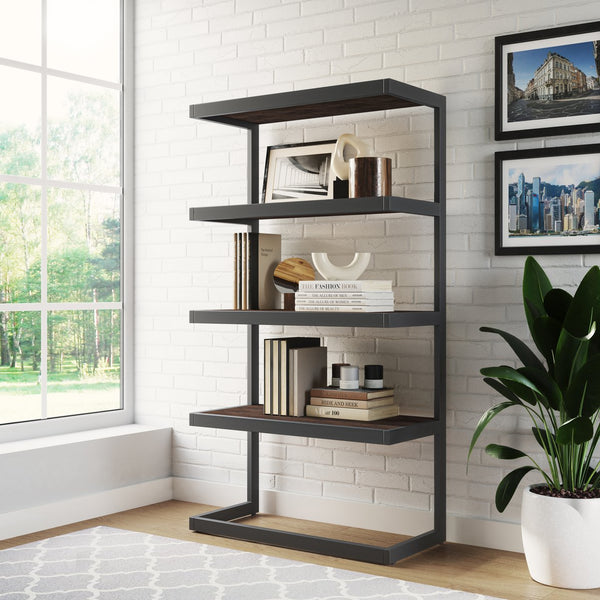 English Elm Erina Solid Acacia Bookcase with Distressed Charcoal Finish, 4 Open Shelves & Industrial Metal Frame Dark Brown B136P158620
