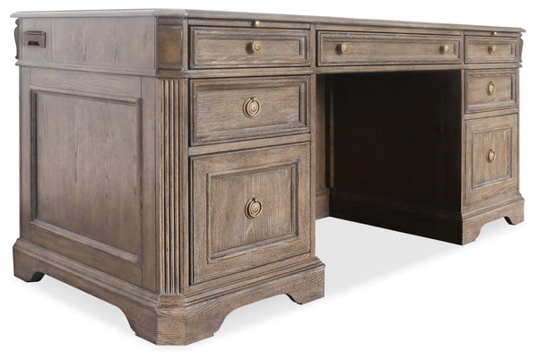 Hooker Furniture Sutter Executive Desk In Claro Distressed Oak With Champagne Hardware, 7-Drawer Storage & Slides 30.00 L x 66.00W x 30.25H 5981-10660-80
