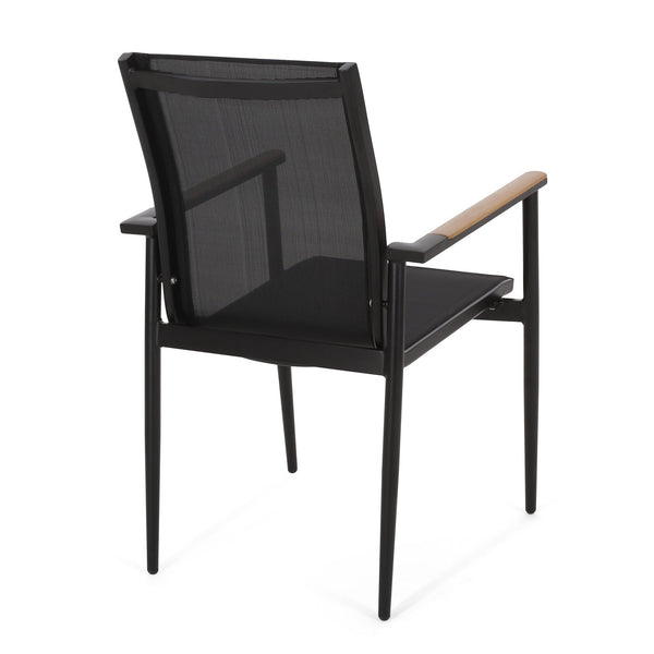 English Elm Christopher Knight Home® - Dining Chair Modern Black & Natural Aluminum Frame with Faux Wood Accents, Rust-Resistant Mesh Seating for Outdoor Comfort and Style 73636.00BLK-4