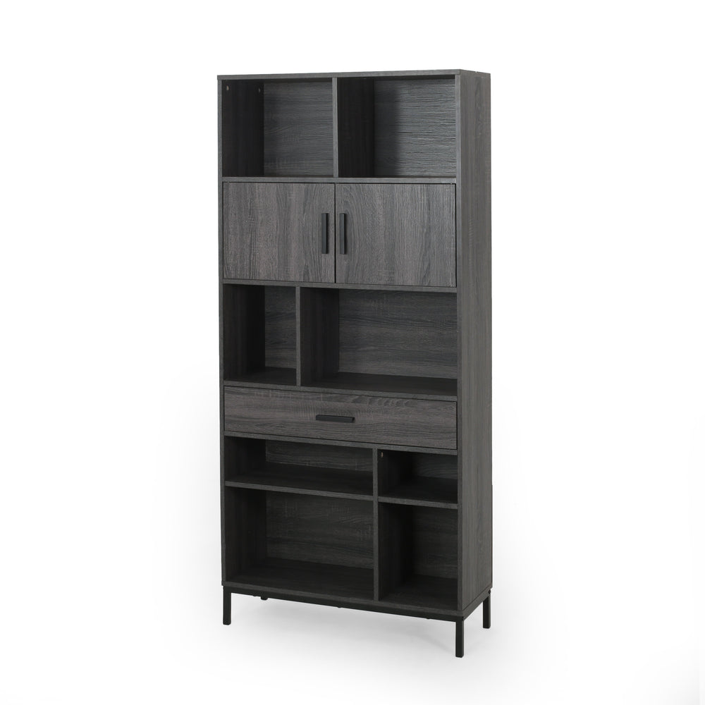 English Elm Christopher Knight Home® - CUBE Contemporary Cube Unit Bookcase in Grey Oak with Faux Wood, Iron Legs, Shelves, Drawer & Cabinets 66446.00
