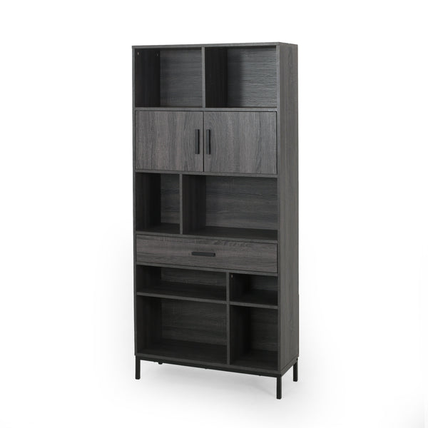 English Elm Christopher Knight Home® - CUBE Contemporary Cube Unit Bookcase in Grey Oak with Faux Wood, Iron Legs, Shelves, Drawer & Cabinets 66446.00
