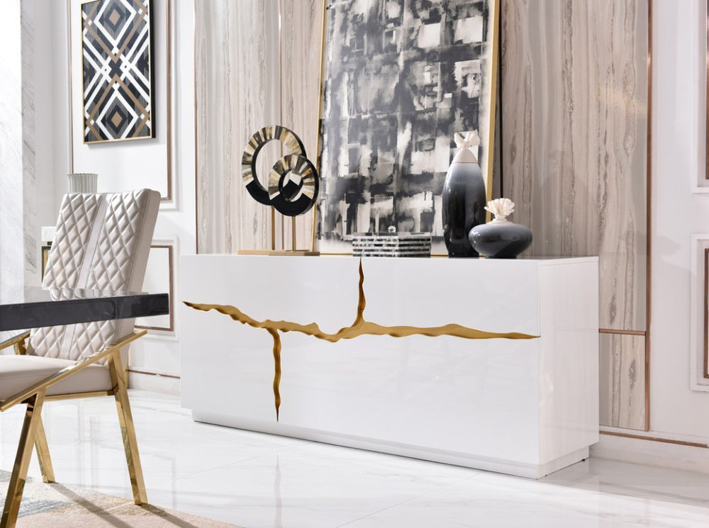 VIG Furniture Aspen Chic White High-Gloss Buffet With Champagne Gold Trim, Ample Storage, Ready-To-Use 71" VGVCG1808-WHT