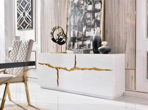 VIG Furniture Aspen Chic White High-Gloss Buffet With Champagne Gold Trim, Ample Storage, Ready-To-Use 71" VGVCG1808-WHT