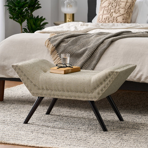 English Elm Christopher Knight Home® - Modern Button Tufted Sitting Bench with Nailhead Trim and Birch Wood Legs — Upholstered Accent Ottoman for Entryway or Living Room Seating Beige 54753.00ALM