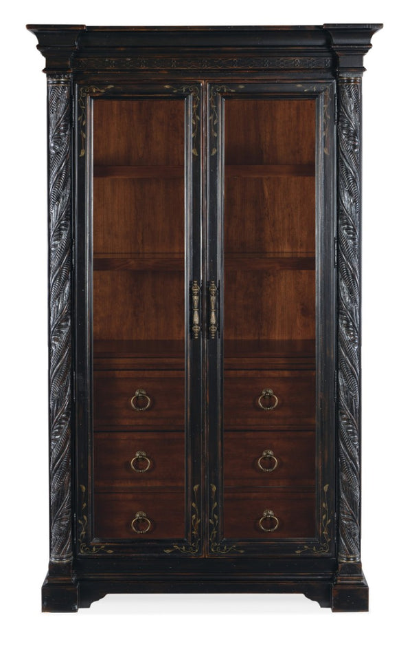 Hooker Furniture Charleston Two-Tone Display Cabinet With Glass Doors, Adjustable Shelves, Puck Lighting & Carved Accents 6750-75906-00