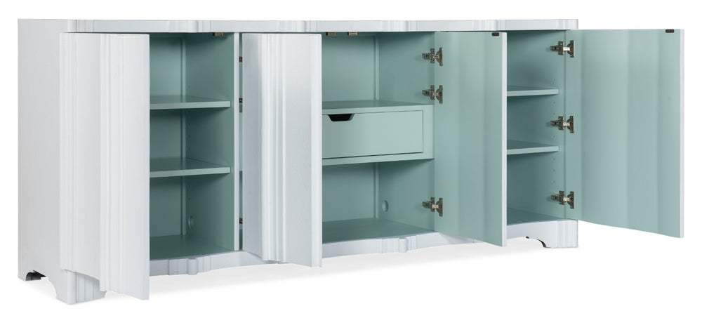 Hooker Furniture Melange Four-Door Entertainment Console In White Plaster With Light Blue Interior, Ventilated Power Hub 628-55015-02