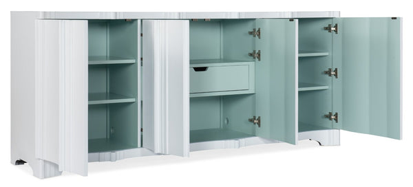 Hooker Furniture Melange Four-Door Entertainment Console In White Plaster With Light Blue Interior, Ventilated Power Hub 628-55015-02