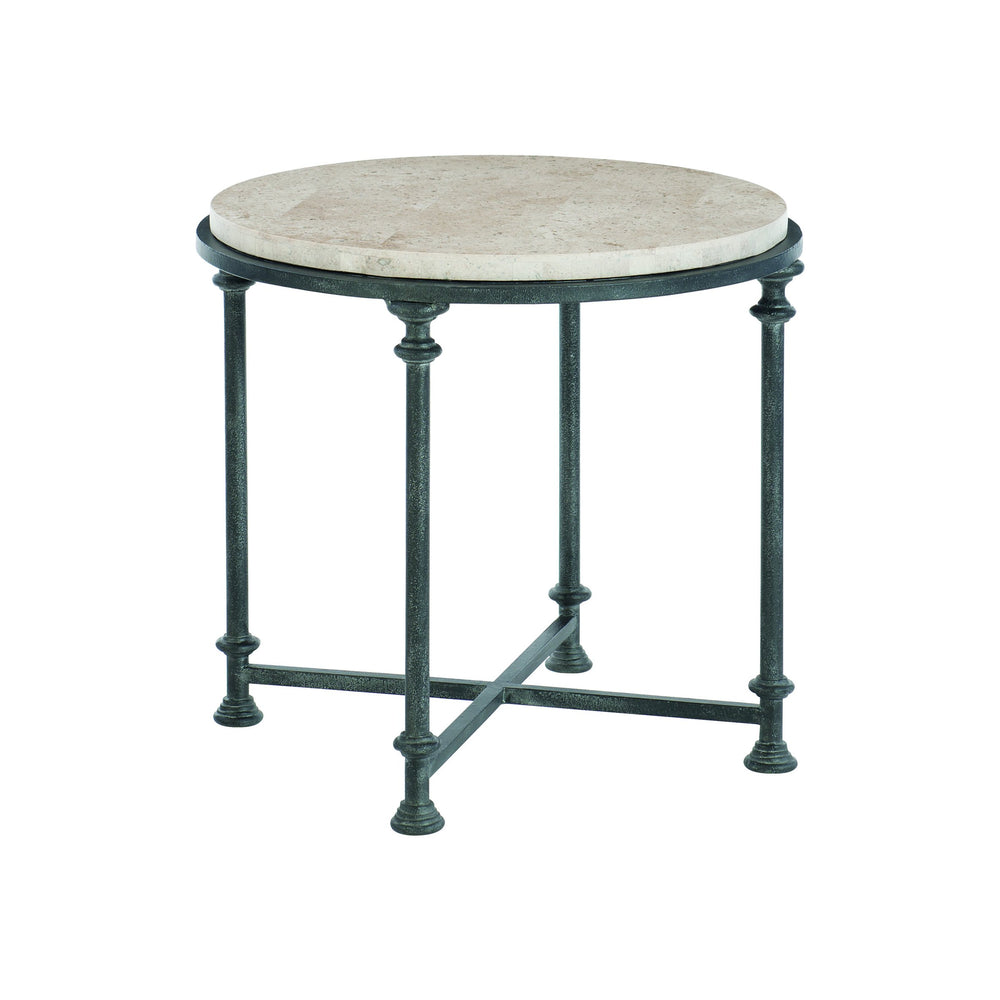 Bernhardt Bernhardt Sculptural Metal End Table With Cream Honed Stone Top And Architectural Column Base Antique Silver / Travertine Stone 26.75"W x 26.75"D x 24"H 537122