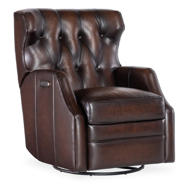 Hooker Furniture Henderson Power Swivel Glider Recliner In Vortex Top-Grain Leather, Button Tufted, Usb Port RC806-PSWGL-088