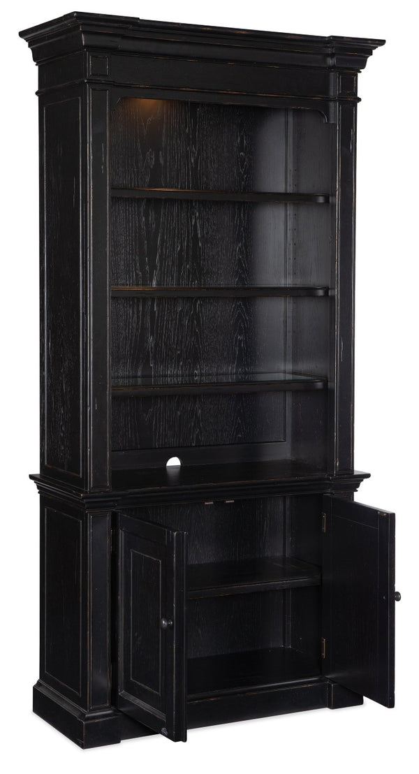 Hooker Furniture Bristowe Tuxedo Black Bookcase With Warm Brown Accents, Adjustable Shelves & Integrated Lighting, 85" 5971-10445-99