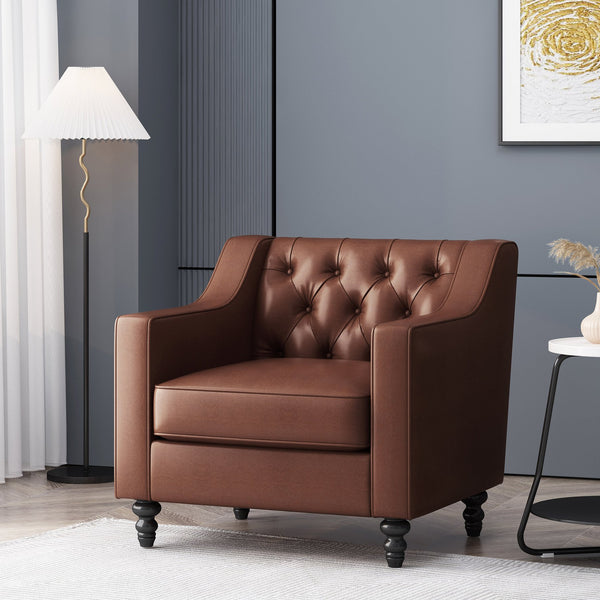 English Elm Christopher Knight Home® - CLUB CHAIR with Button Tufted Diamond Stitching, Sloped Arms & Birch Wood Legs for Modern Comfort Dark Brown 30.5 L x 25.75 W x 21.25 H 71214.00DBRN