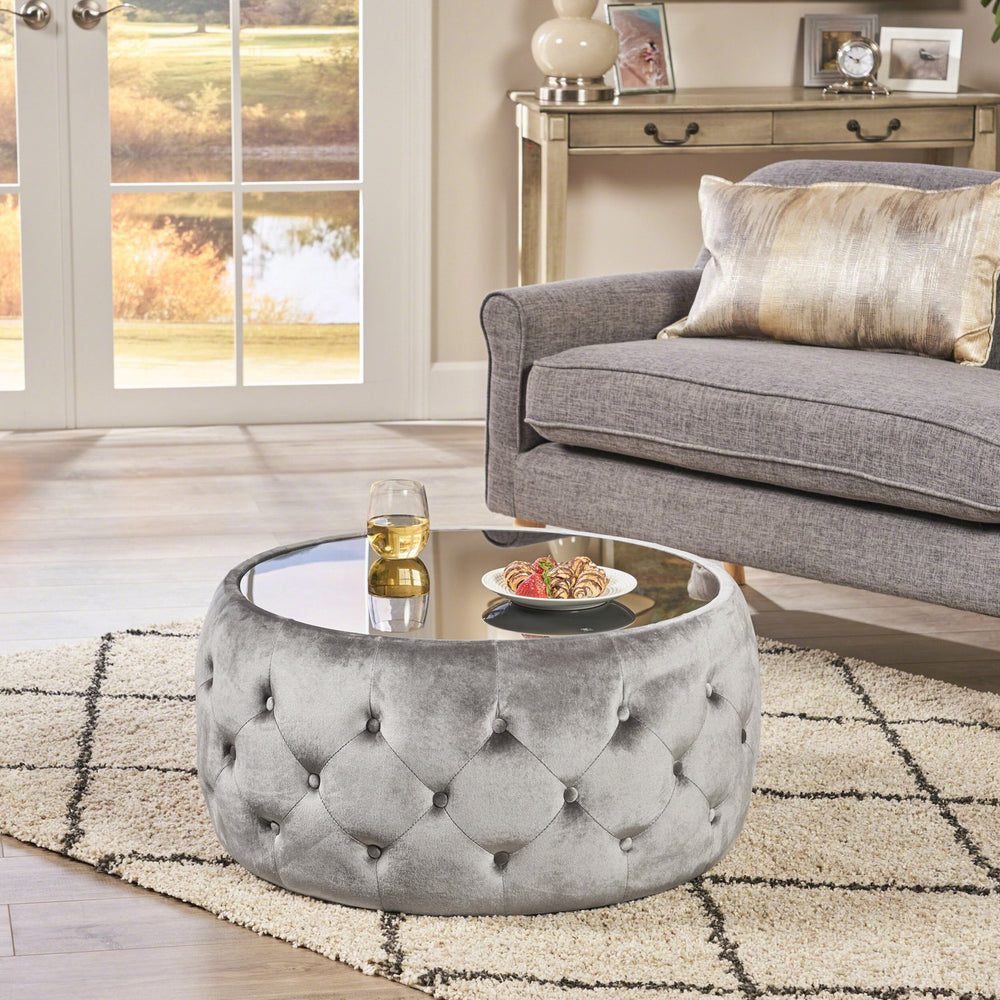 English Elm Ottoman Round Velvet Tufted Diamond Stitch Glass Top Modern Glam Living Room Accent 62732.00SMOK