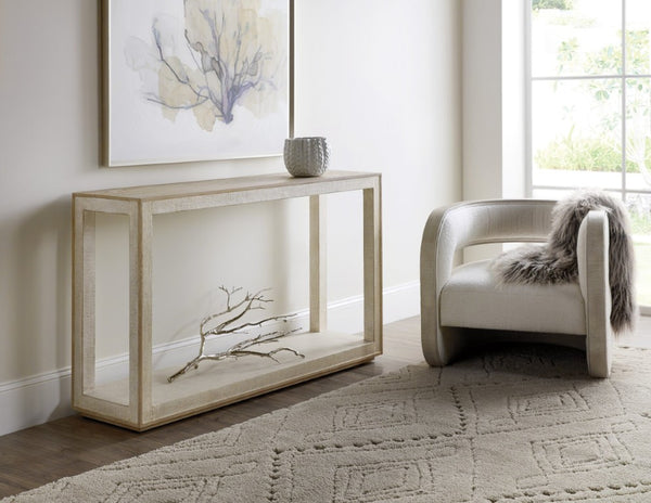 Hooker Furniture Cascade Transitional Console Table 58" W In Terrain Lacquered Burlap With Oak Veneer Top, Open Shelf 6120-85001-80