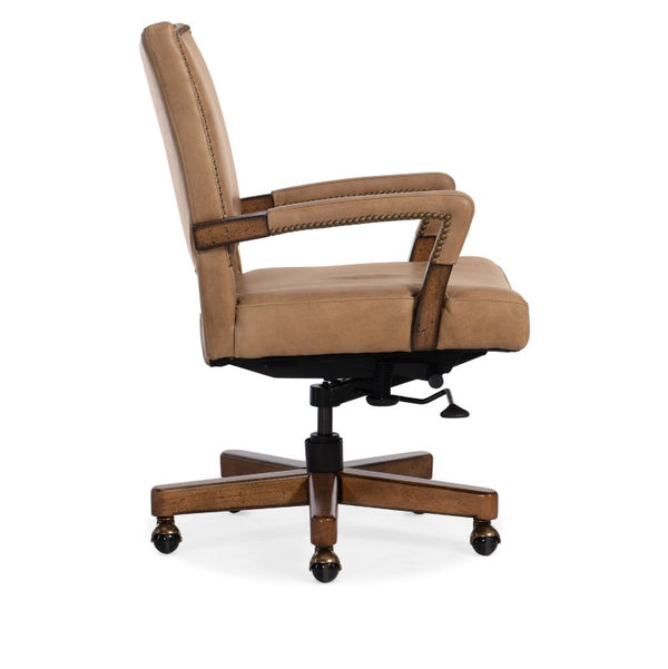 Hooker Furniture Chace Executive Swivel Tilt Chair With Top-Grain Aniline Leather, Wood Arms, Brass Nailhead Trim Light Brown EC422-088