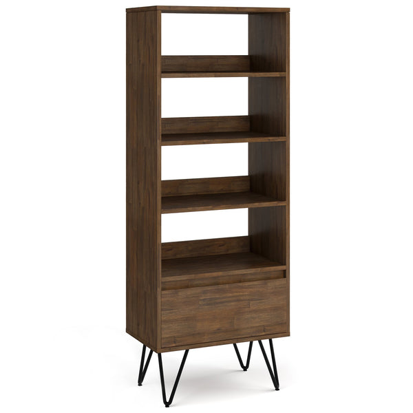 English Elm Chase Rustic Tall Bookcase in Aged Brown Acacia Wood with 4 Open Shelves, Drawer & Iron Legs B136P158525