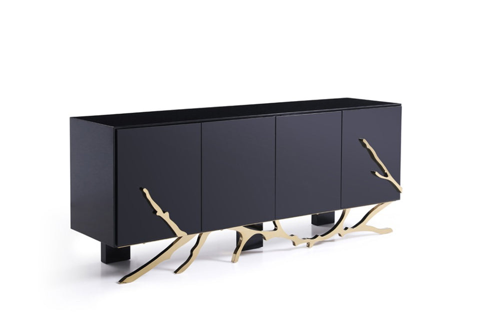 VIG Furniture Legend Modern Black & Gold Buffet — Glossy Lacquer Storage Console With Sculptural Champagne-Gold Base, 79" VGVCG8111-BLK