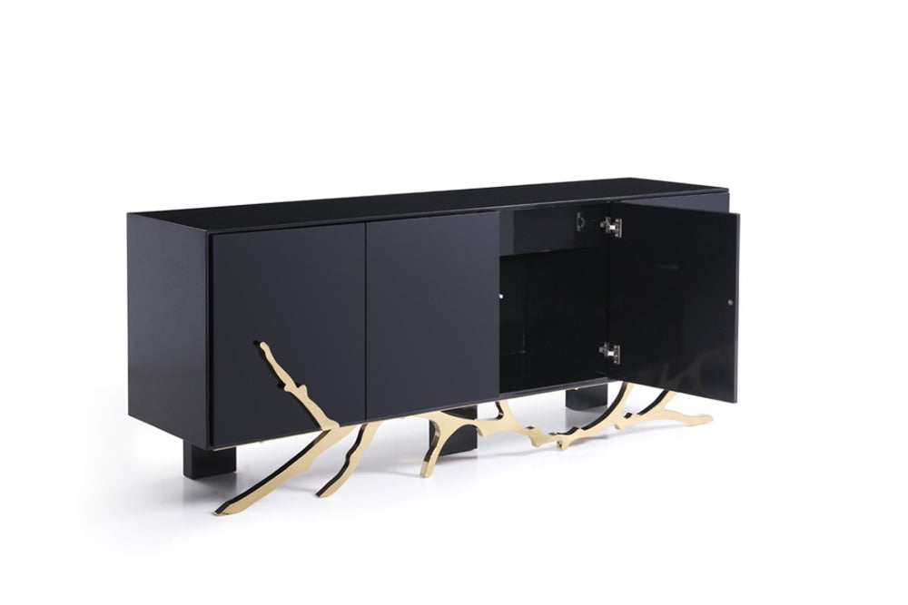 VIG Furniture Legend Modern Black & Gold Buffet — Glossy Lacquer Storage Console With Sculptural Champagne-Gold Base, 79" VGVCG8111-BLK