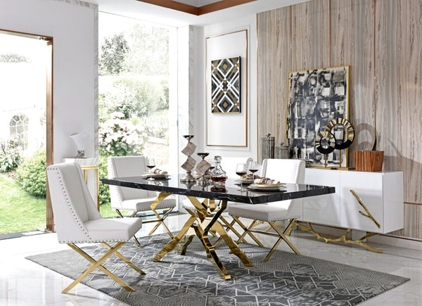 VIG Furniture Legend White & Gold Buffet — High-Gloss Lacquer, Champagne Stainless Base, Spacious Organized Storage, No Assembly Needed VGVCG8111-WHTGLD