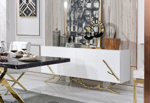 VIG Furniture Legend White & Gold Buffet — High-Gloss Lacquer, Champagne Stainless Base, Spacious Organized Storage, No Assembly Needed VGVCG8111-WHTGLD